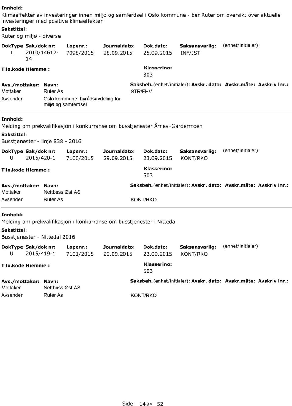 : STR/FHV Oslo kommune, byrådsavdeling for miljø og samferdsel Melding om prekvalifikasjon i konkurranse om busstjenester Årnes Gardermoen Busstjenester - linje 838-2016 2015/420-1 7100/2015 23.09.