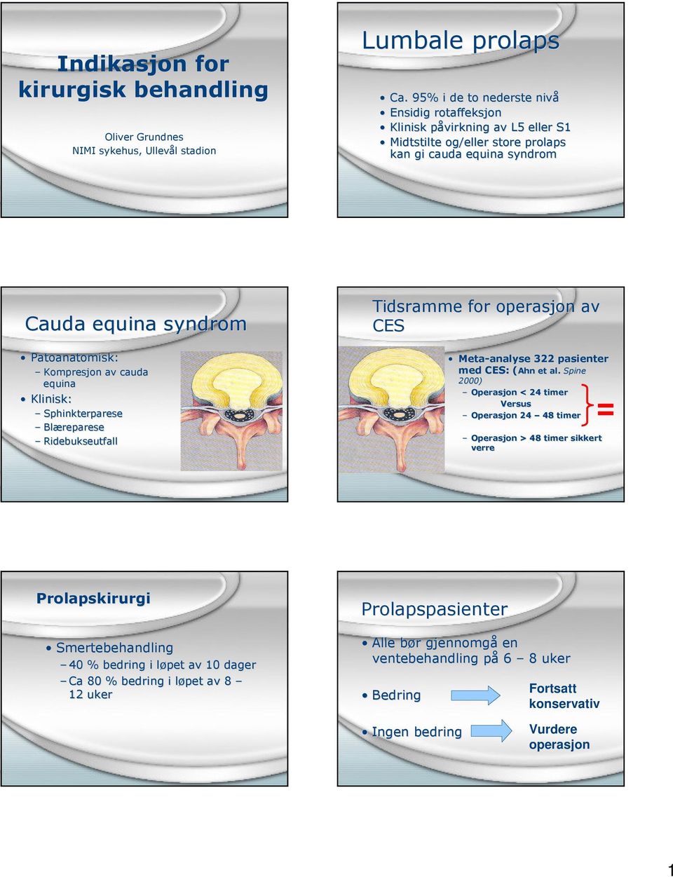 cauda equina Klinisk: Sphinkterparese Blæreparese Ridebukseutfall Tidsramme for operasjon av CES Meta-analyse 322 pasienter med CES: (Ahn et al.