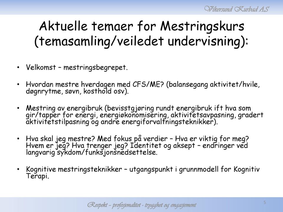 Mestring av energibruk (bevisstgjøring rundt energibruk ift hva som gir/tapper for energi, energiøkonomisering, aktivitetsavpasning, gradert aktivitetstilpasning