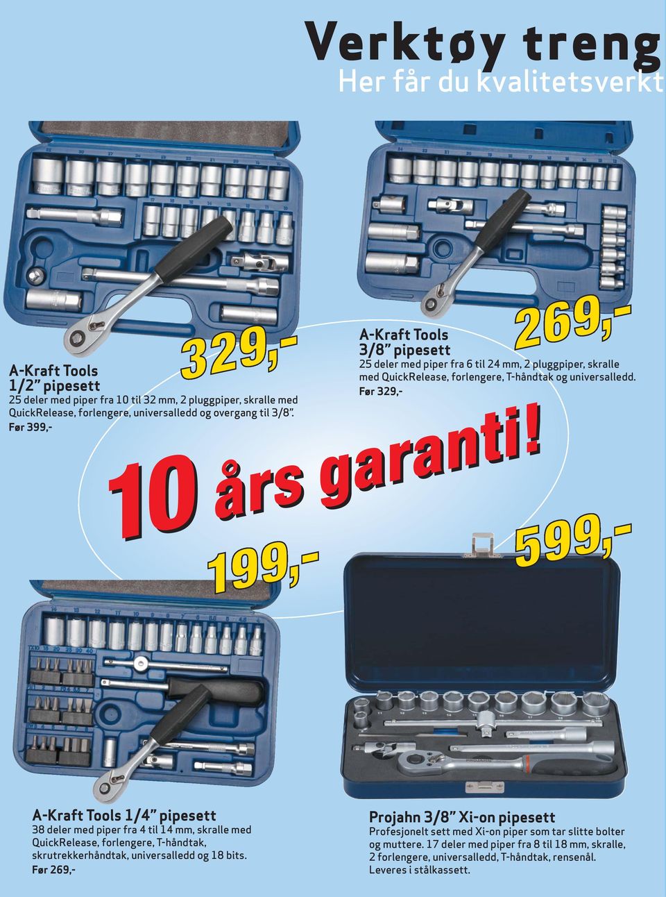 A-Kraft Tools 1/4 pipesett 38 deler med piper fra 4 til 14 mm, skralle med QuickRelease, forlengere, T-håndtak, skrutrekkerhåndtak, universalledd og 18 bits.