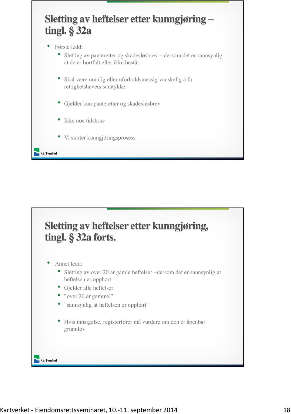 rettighetshavers samtykke. Gjelder kun panteretter og skadesløsbrev Ikke noe tidskrav Vi starter kunngjøringsprosess Sletting av heftelser etter kunngjøring, tingl. 32a forts.