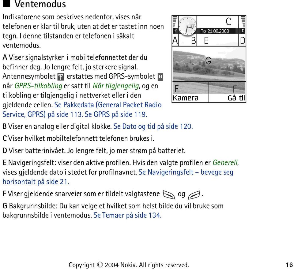 Antennesymbolet erstattes med GPRS-symbolet når GPRS-tilkobling er satt til Når tilgjengelig, og en tilkobling er tilgjengelig i nettverket eller i den gjeldende cellen.