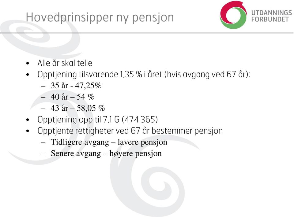 Opptjening opp til 7,1 G (474 365) Opptjente rettigheter ved 67 år