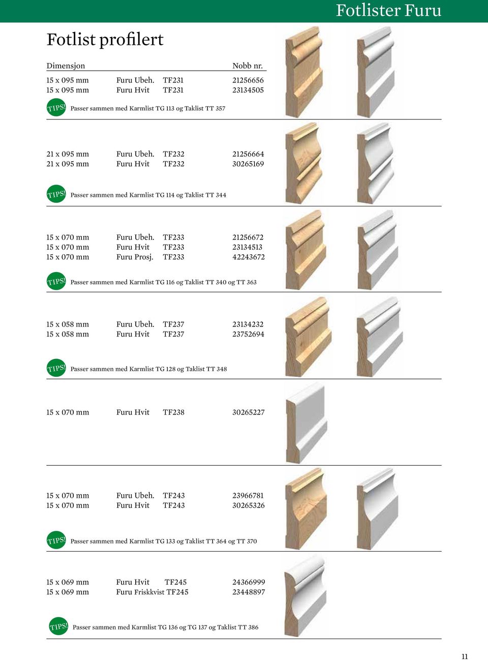 TF233 21256672 15 x 070 mm Furu Hvit TF233 23134513 15 x 070 mm Furu Prosj. TF233 42243672 Passer sammen med Karmlist TG 116 og Taklist TT 340 og TT 363 15 x 058 mm Furu Ubeh.