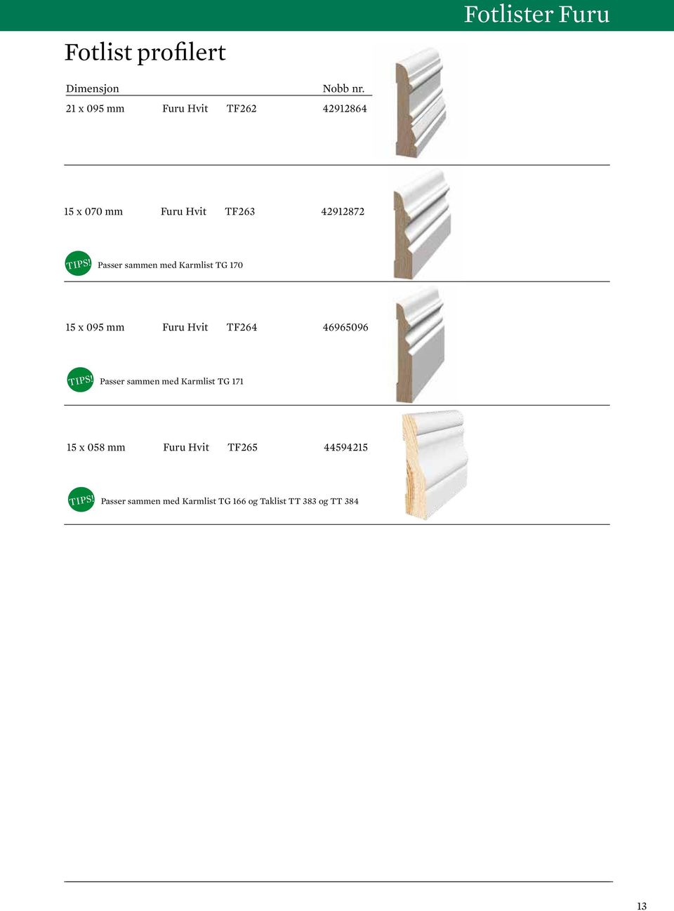 Hvit TF264 46965096 Passer sammen med Karmlist TG 171 15 x 058 mm Furu Hvit