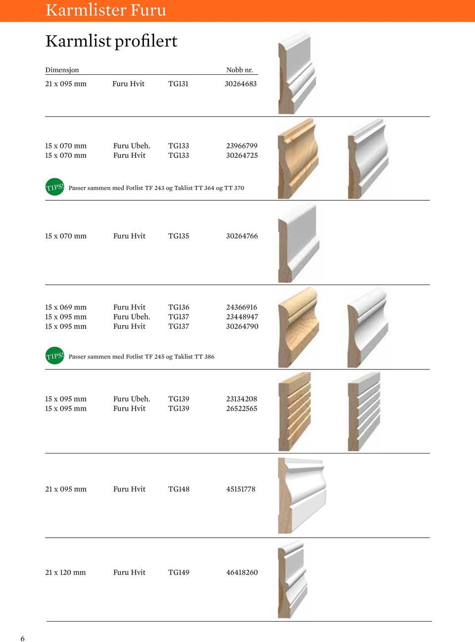 TG135 30264766 15 x 069 mm Furu Hvit TG136 24366916 15 x 095 mm Furu Ubeh.