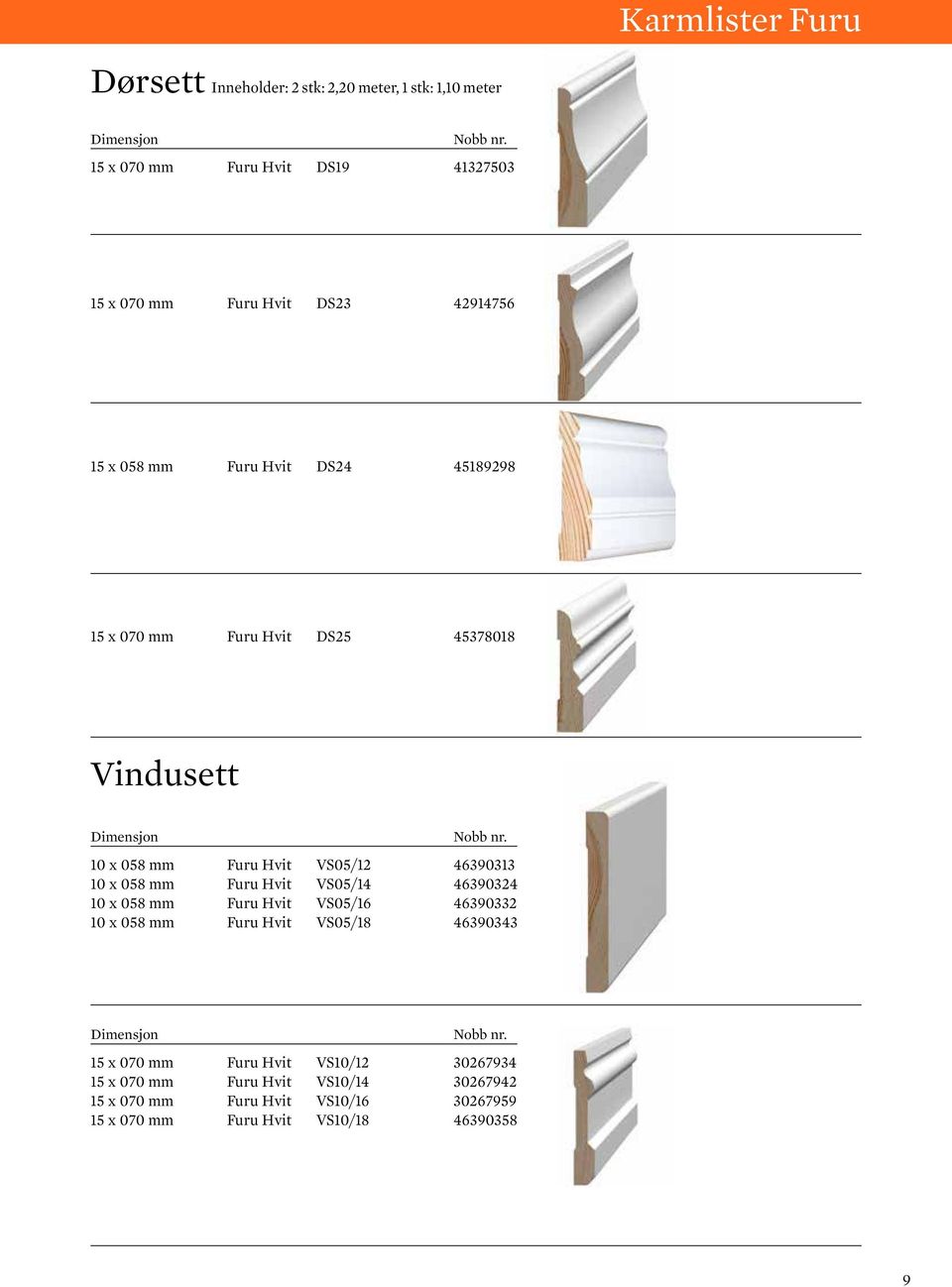 10 x 058 mm Furu Hvit VS05/14 46390324 10 x 058 mm Furu Hvit VS05/16 46390332 10 x 058 mm Furu Hvit VS05/18 46390343 15 x 070 mm Furu