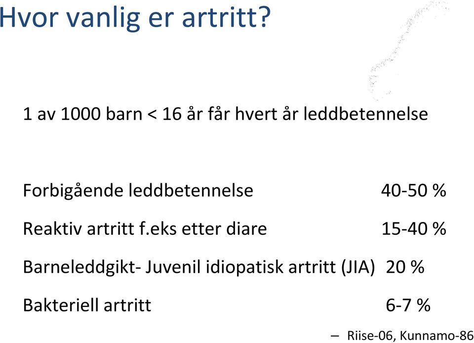 leddbetennelse 40-50 % Reaktiv artritt f.