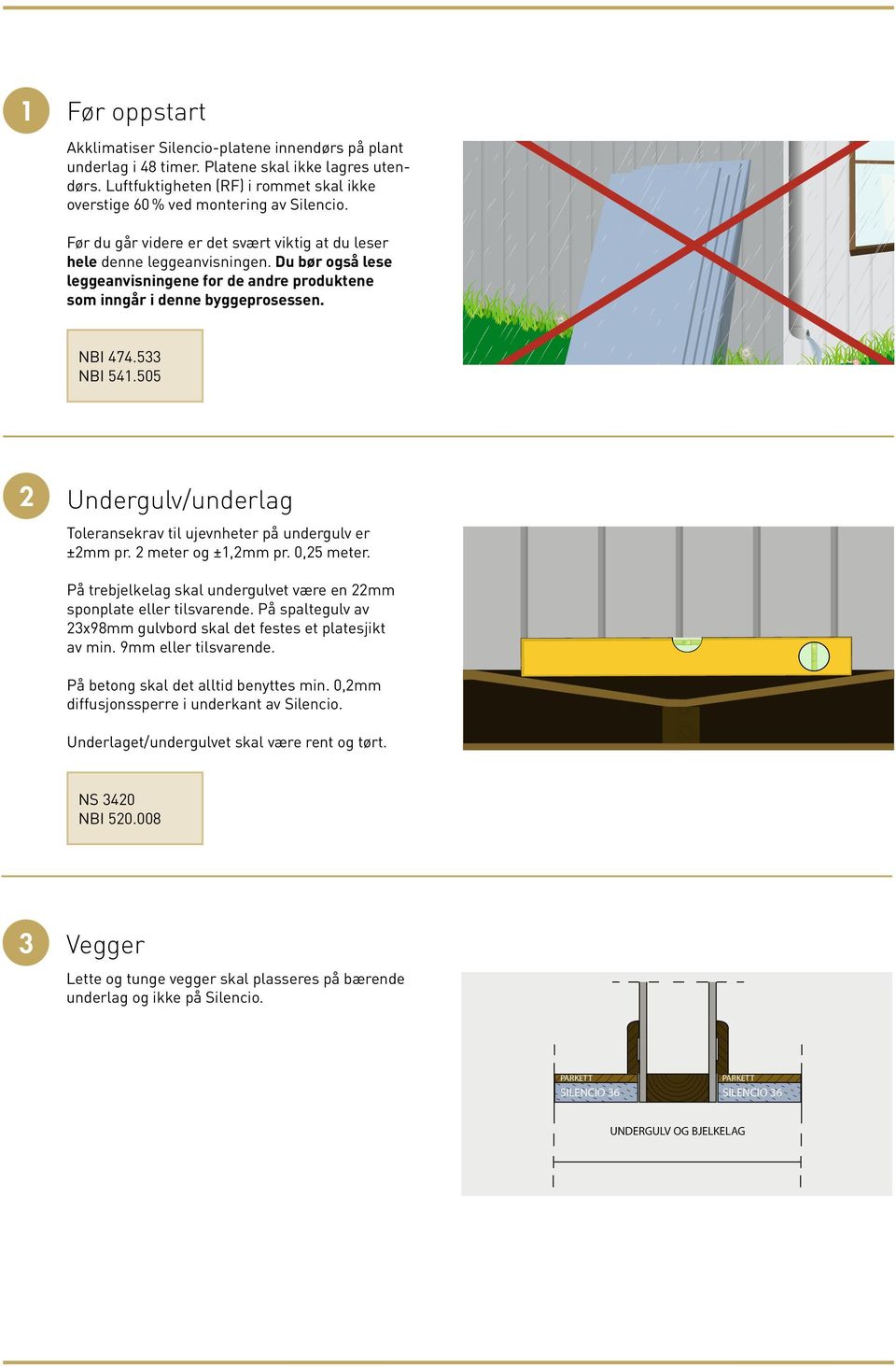 Du bør også lese leggeanvisningene for de andre produktene som inngår i denne byggeprosessen. NBI 474.533 NBI 541.505 2 Undergulv/underlag Toleransekrav til ujevnheter på undergulv er ±2mm pr.
