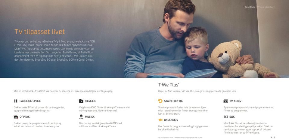 T-We Plus er inkludert for deg med Bredbånd 50 eller Bredbånd 100 fra Canal Digital. T-We Plus * Med en opptaksboks fra ADB (T-We Box) har du allerede en rekke spennende tjenester tilgjengelig.