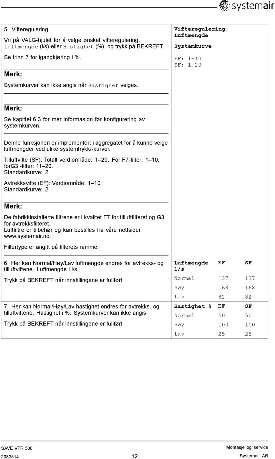 Denne funksjonen er implementert i aggregatet for å kunne velge luftmengder ved ulike systemtrykk/-kurver. Tilluftvifte (SF): Totalt verdiområde: 1 20. For F7-filter: 1 10, forg3 -filter: 11 20.