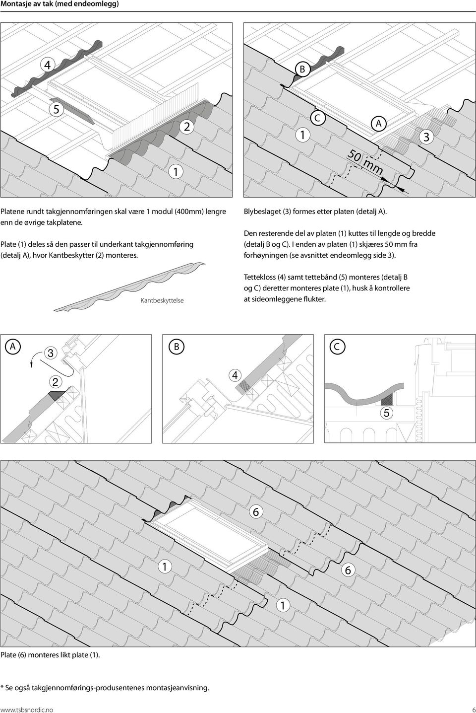 Den resterende del av platen () kuttes til lengde og bredde (detalj og C). I enden av platen () skjæres 50 mm fra forhøyningen (se avsnittet endeomlegg side ).