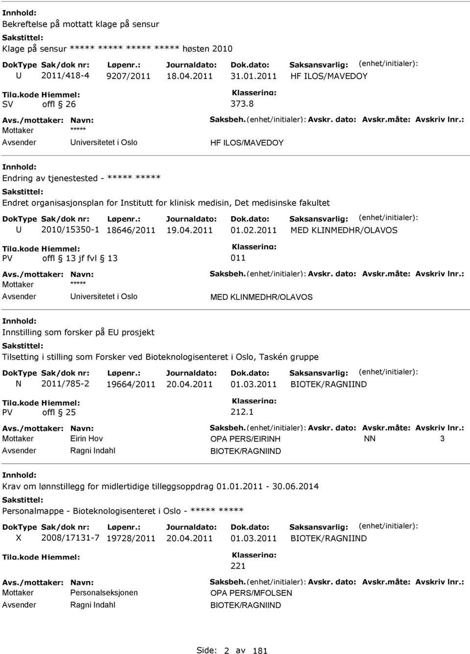 : niversitetet i Oslo HF LOS/MAVEDOY Endring av tjenestested - ***** ***** Endret organisasjonsplan for nstitutt for klinisk medisin, Det medisinske fakultet 2010/15350-1 18646/2011 01.02.