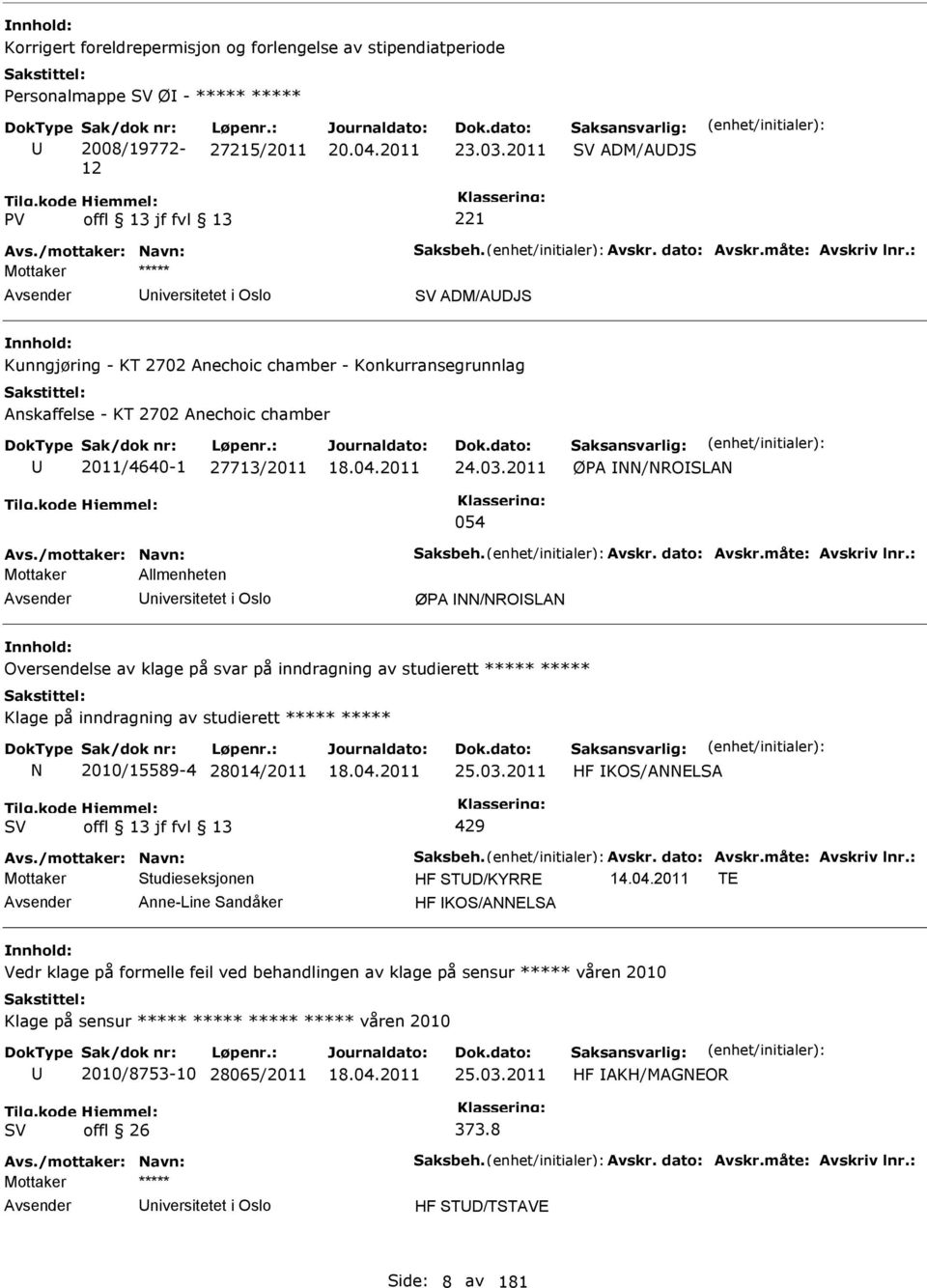 2011 ØPA NN/NROSLAN 054 Avs./mottaker: Navn: Saksbeh. Avskr. dato: Avskr.måte: Avskriv lnr.