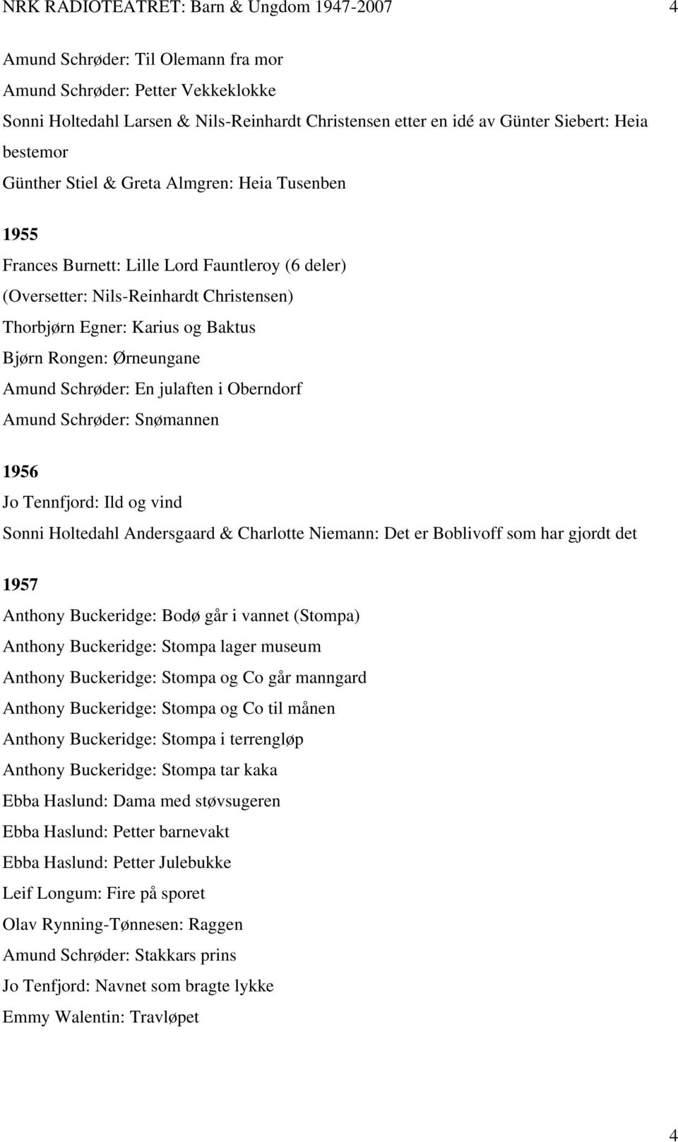 Rongen: Ørneungane Amund Schrøder: En julaften i Oberndorf Amund Schrøder: Snømannen 1956 Jo Tennfjord: Ild og vind Sonni Holtedahl Andersgaard & Charlotte Niemann: Det er Boblivoff som har gjordt