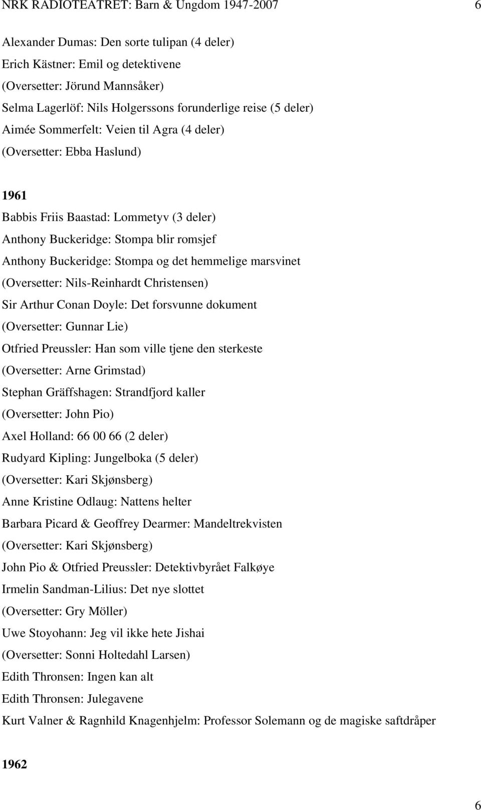 Buckeridge: Stompa og det hemmelige marsvinet (Oversetter: Nils-Reinhardt Christensen) Sir Arthur Conan Doyle: Det forsvunne dokument (Oversetter: Gunnar Lie) Otfried Preussler: Han som ville tjene