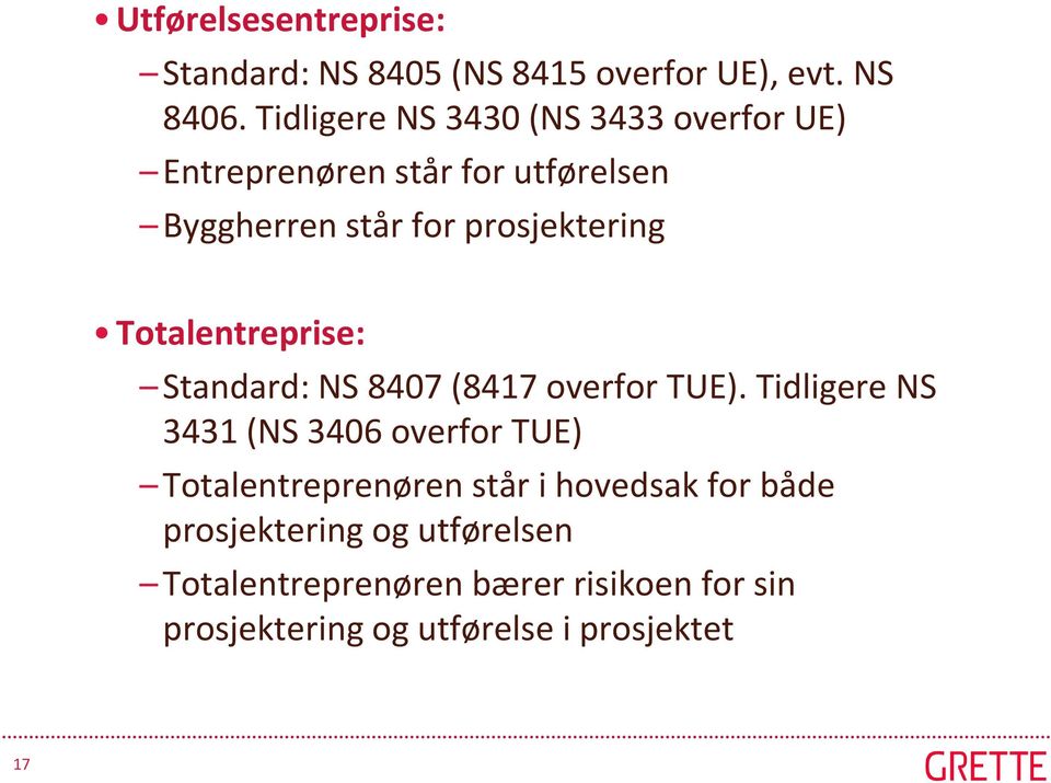 Totalentreprise: Standard: NS 8407 (8417 overfor TUE).