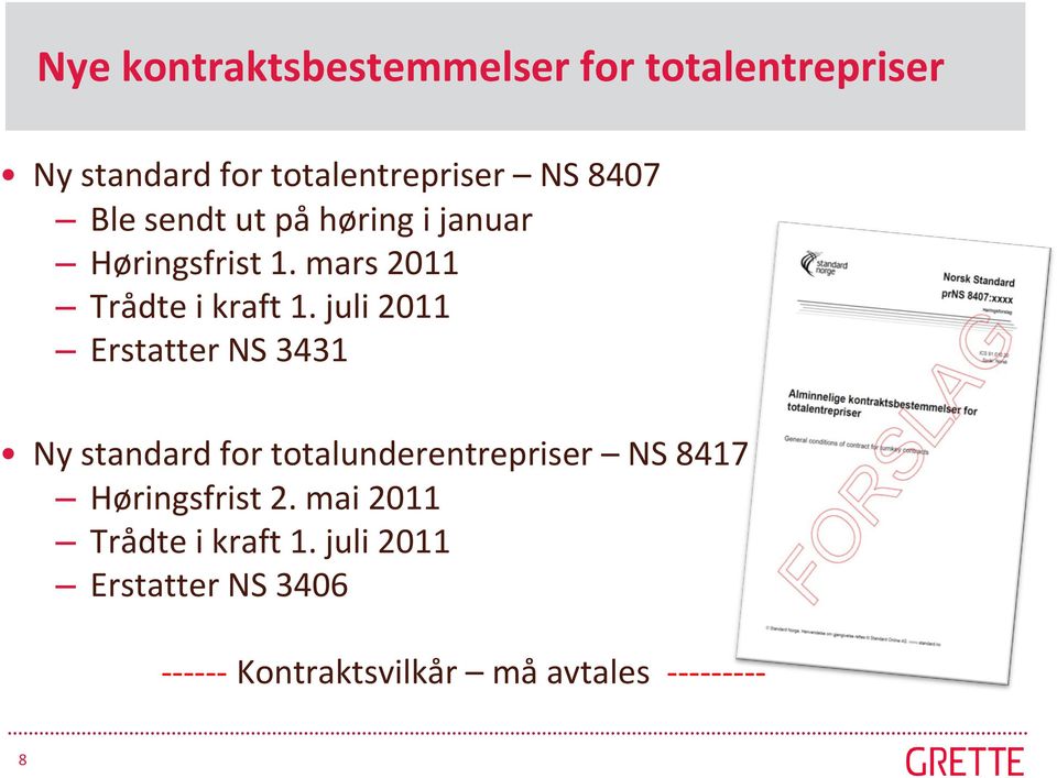 juli 2011 Erstatter NS 3431 Ny standard for totalunderentrepriser NS 8417 Høringsfrist 2.