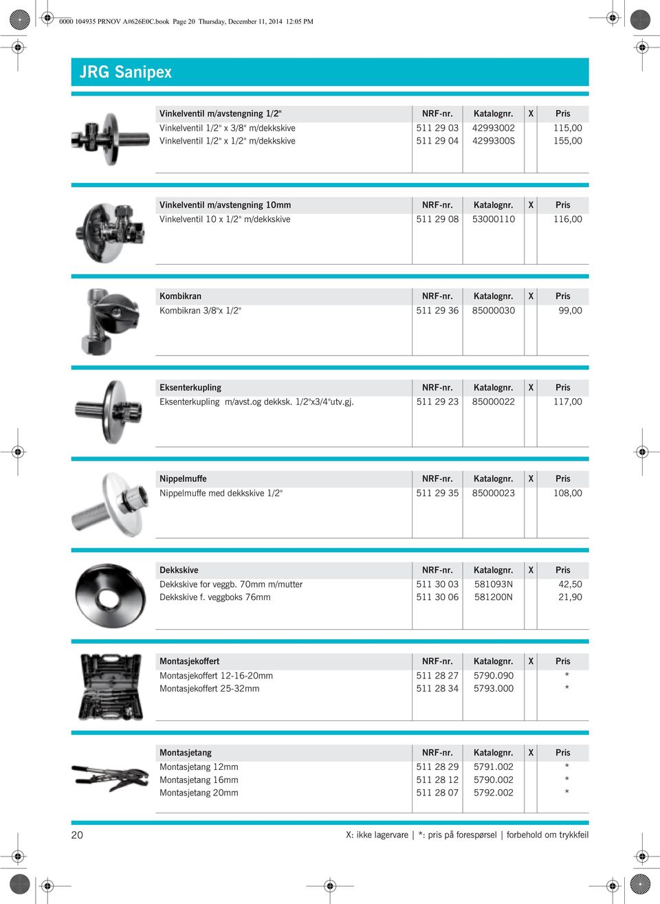 X Pris Vinkelventil 10 x 1/2" m/dekkskive 511 29 08 53000110 116,00 Kombikran NRF-nr. Katalognr. X Pris Kombikran 3/8"x 1/2" 511 29 36 85000030 99,00 Eksenterkupling NRF-nr. Katalognr. X Pris Eksenterkupling m/avst.
