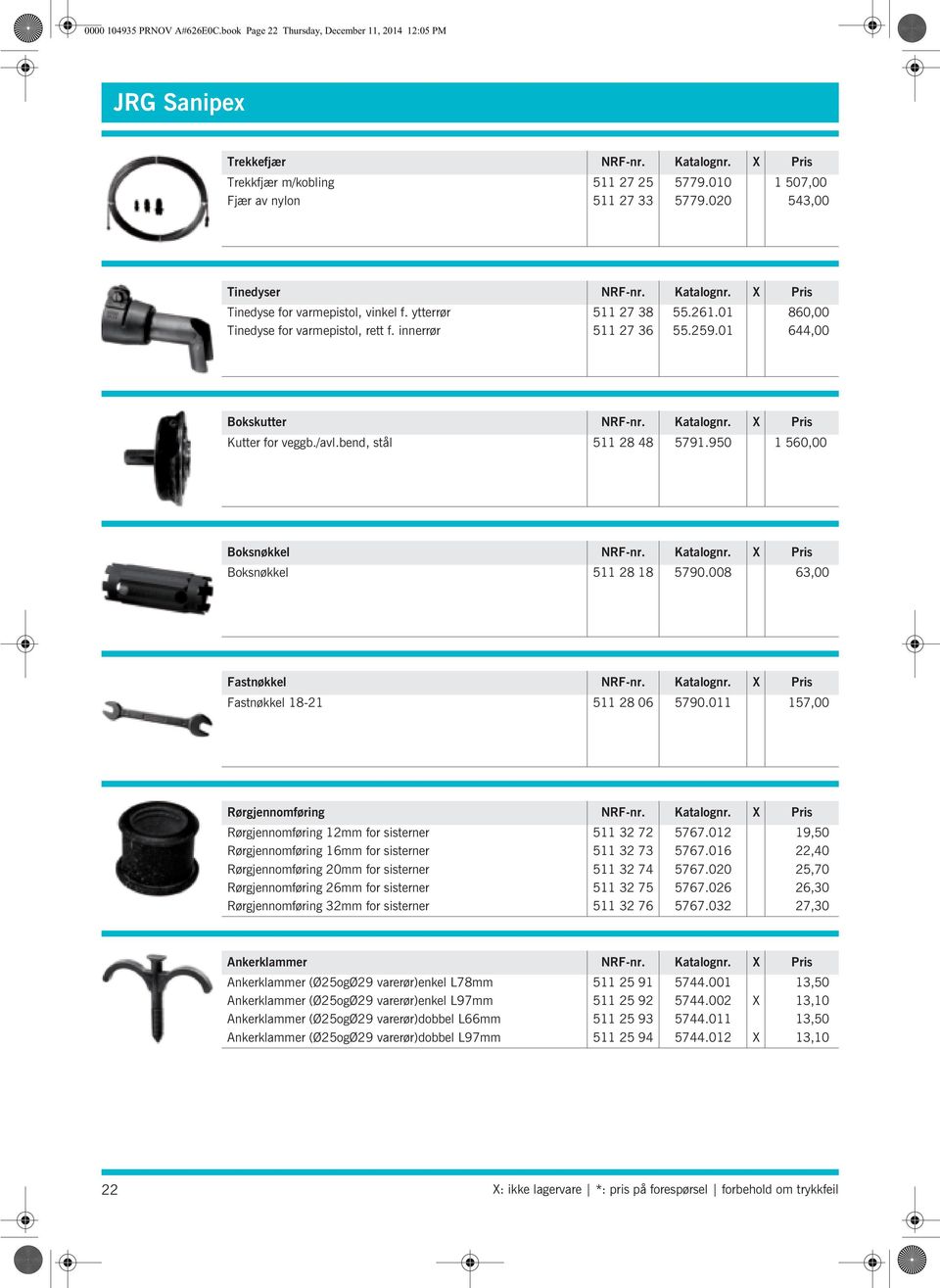 innerrør 511 27 36 55.259.01 644,00 Bokskutter NRF-nr. Katalognr. X Pris Kutter for veggb./avl.bend, stål 511 28 48 5791.950 1 560,00 Boksnøkkel NRF-nr. Katalognr. X Pris Boksnøkkel 511 28 18 5790.