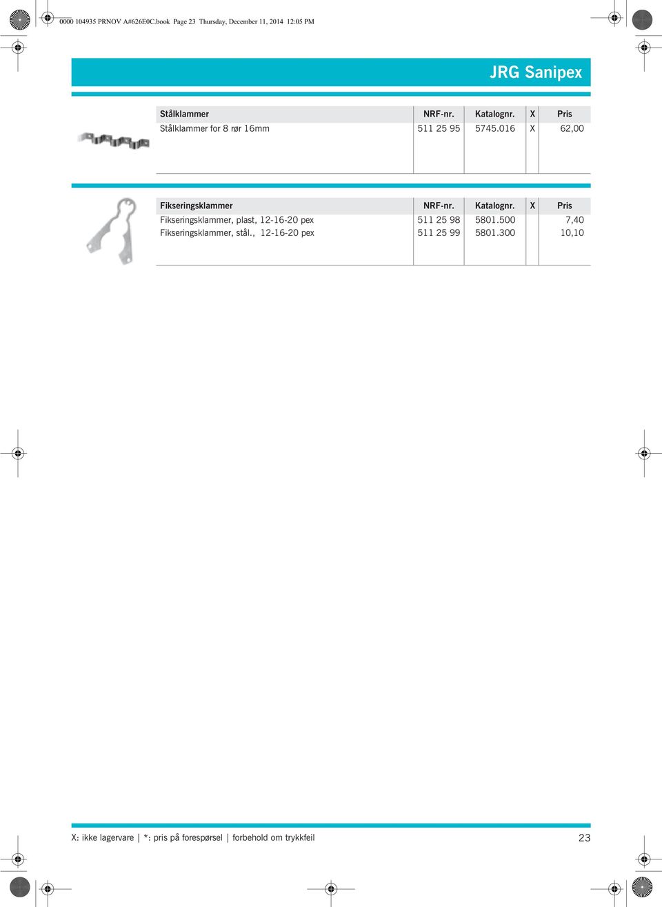 X Pris Stålklammer for 8 rør 16mm 511 25 95 5745.016 X 62,00 Fikseringsklammer NRF-nr. Katalognr.