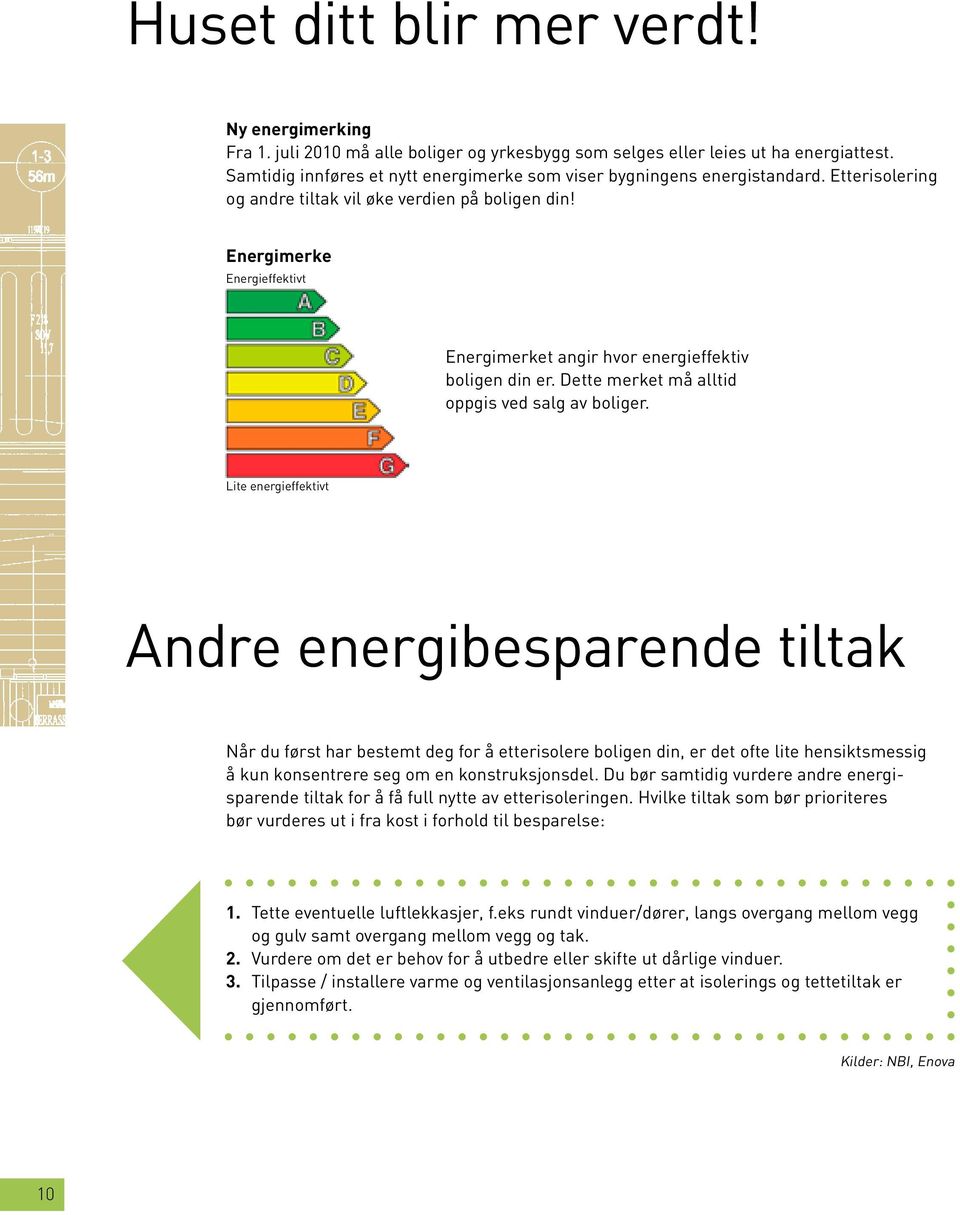 Energimerke Energieffektivt Energimerket angir hvor energieffektiv boligen din er. Dette merket må alltid oppgis ved salg av boliger.