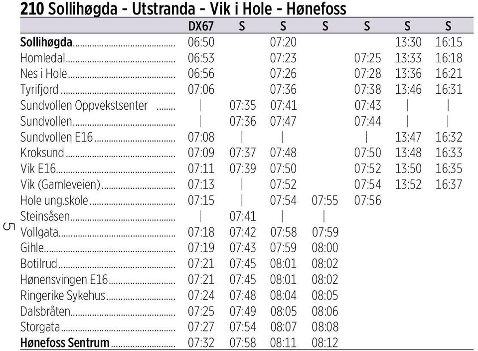 .. 07:09 07:37 07:48 07:50 13:48 16:33 Vik E16... 07:11 07:39 07:50 07:52 13:50 16:35 Vik (Gamleveien)... 07:13 07:52 07:54 13:52 16:37 Hole ung.skole... 07:15 07:54 07:55 07:56 Steinsåsen.