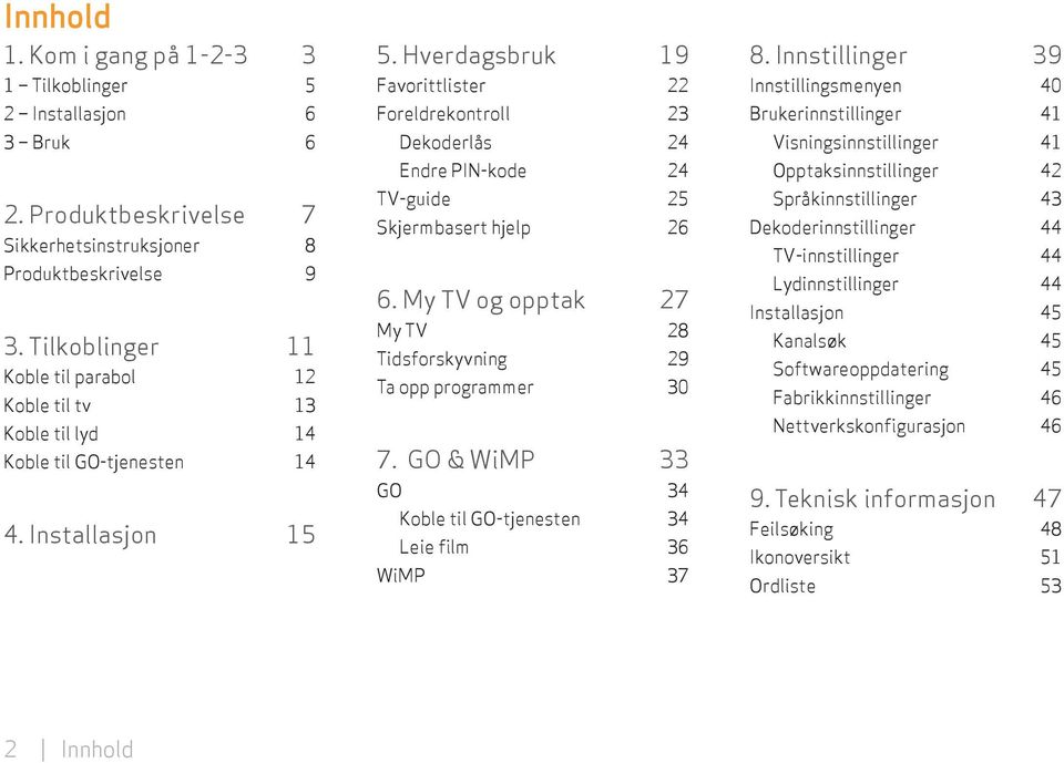 Hverdagsbruk 19 Favorittlister 22 Foreldrekontroll 23 Dekoderlås 24 Endre PIN-kode 24 TV-guide 25 Skjermbasert hjelp 26 6. My TV og opptak 27 My TV 28 Tidsforskyvning 29 Ta opp programmer 30 7.