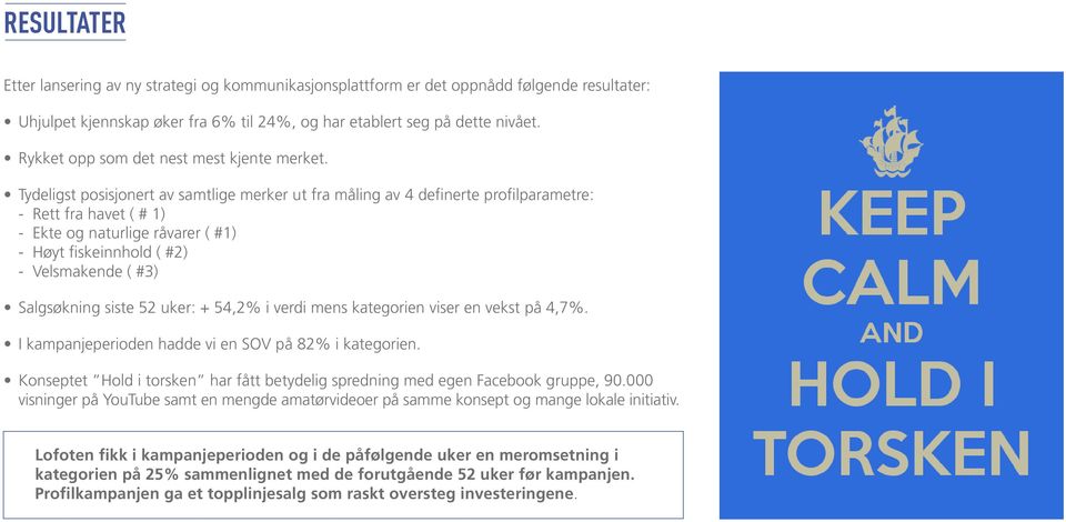 Tydeligst posisjonert av samtlige merker ut fra måling av 4 definerte profilparametre: - Rett fra havet ( # 1) - Ekte og naturlige råvarer ( #1) - Høyt fiskeinnhold ( #2) - Velsmakende ( #3)