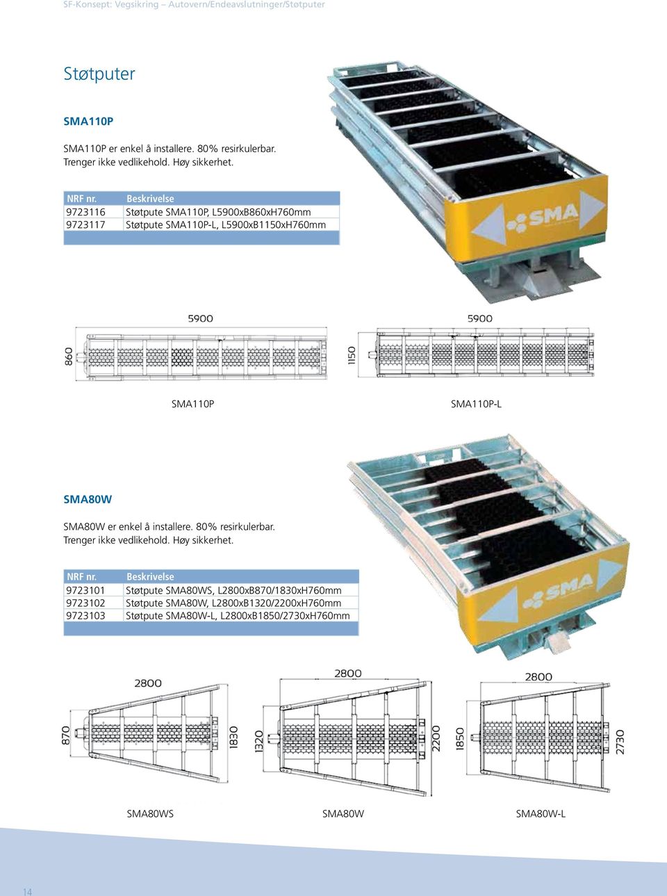 9723116 Støtpute SMA110P, L5900xB860xH760mm 9723117 Støtpute SMA110P-L, L5900xB1150xH760mm SMA110P SMA110P-L SMA80W SMA80W er enkel å