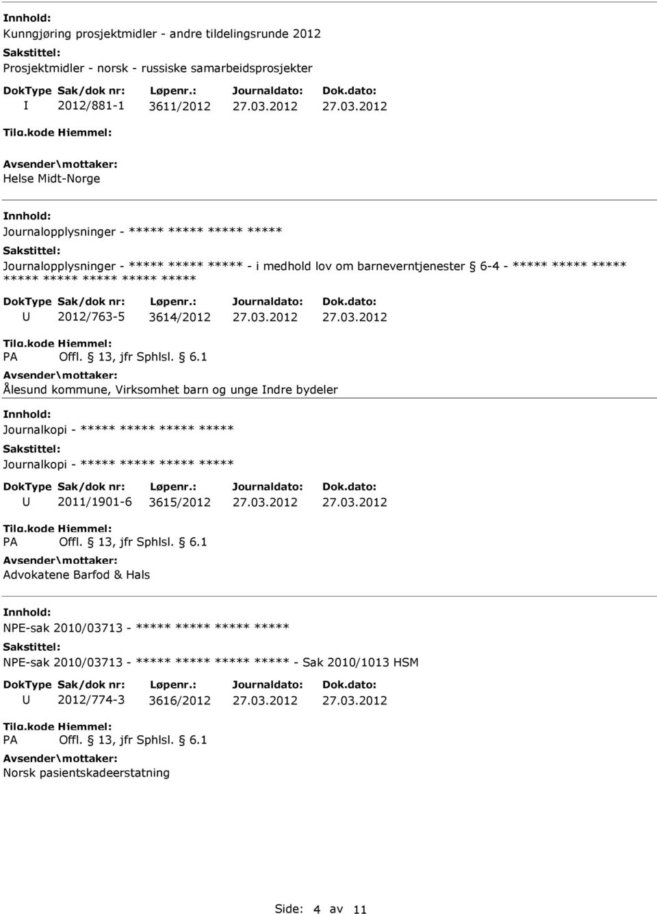 ***** ***** 2012/763-5 3614/2012 Ålesund kommune, Virksomhet barn og unge ndre bydeler Journalkopi - ***** ***** ***** ***** Journalkopi - ***** ***** ***** *****