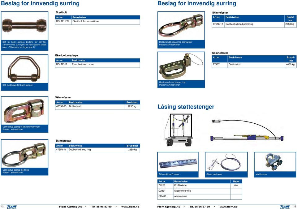 (Tilhørende surringer side 7) Dobbelstud beslag med pæreløkke Passer i airlineskinner Ekeribolt med øye BOLTEKB Ekeri bolt med bøyle Skinnefester Bruddlast 77437 Quatrostud 4000 Bolt med bøyle for