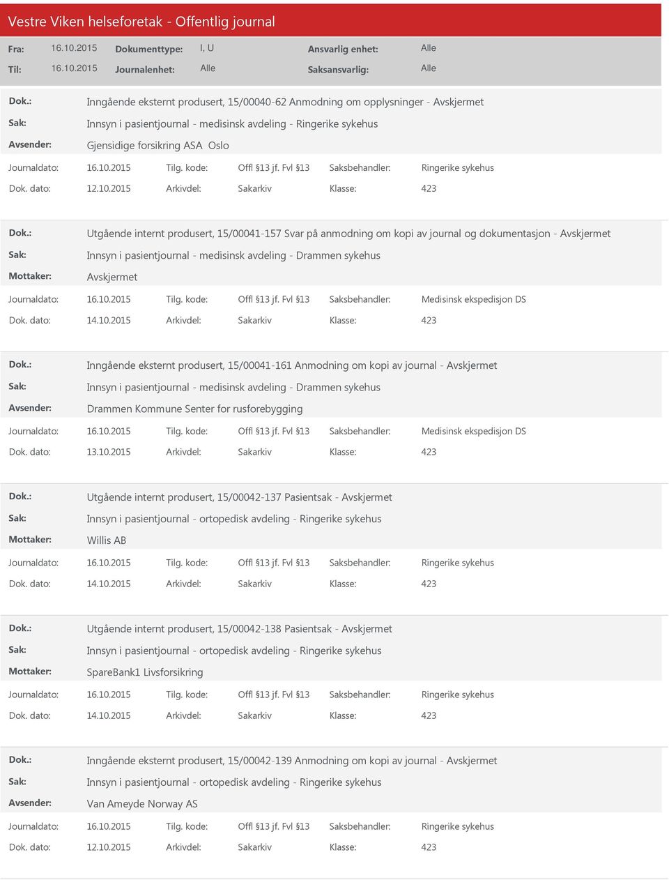 2015 Arkivdel: Sakarkiv tgående internt produsert, 15/00041-157 Svar på anmodning om kopi av journal og dokumentasjon - Innsyn i pasientjournal - medisinsk avdeling - Drammen sykehus Medisinsk