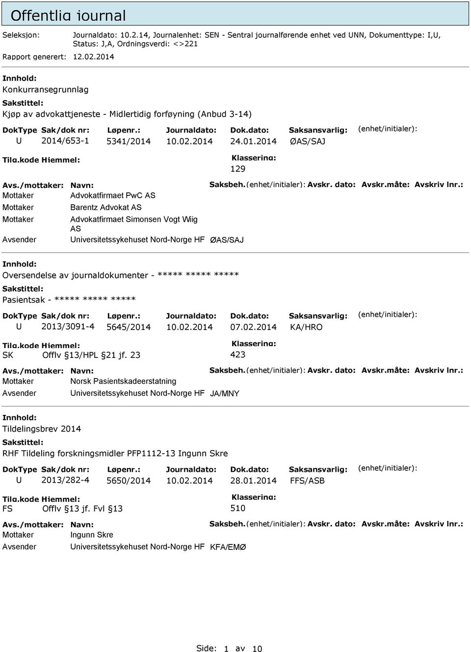 : Mottaker Advokatfirmaet PwC AS Mottaker Mottaker Barentz Advokat AS Advokatfirmaet Simonsen Vogt Wiig AS niversitetssykehuset Nord-Norge HF ØAS/SAJ Oversendelse av journaldokumenter - ***** *****