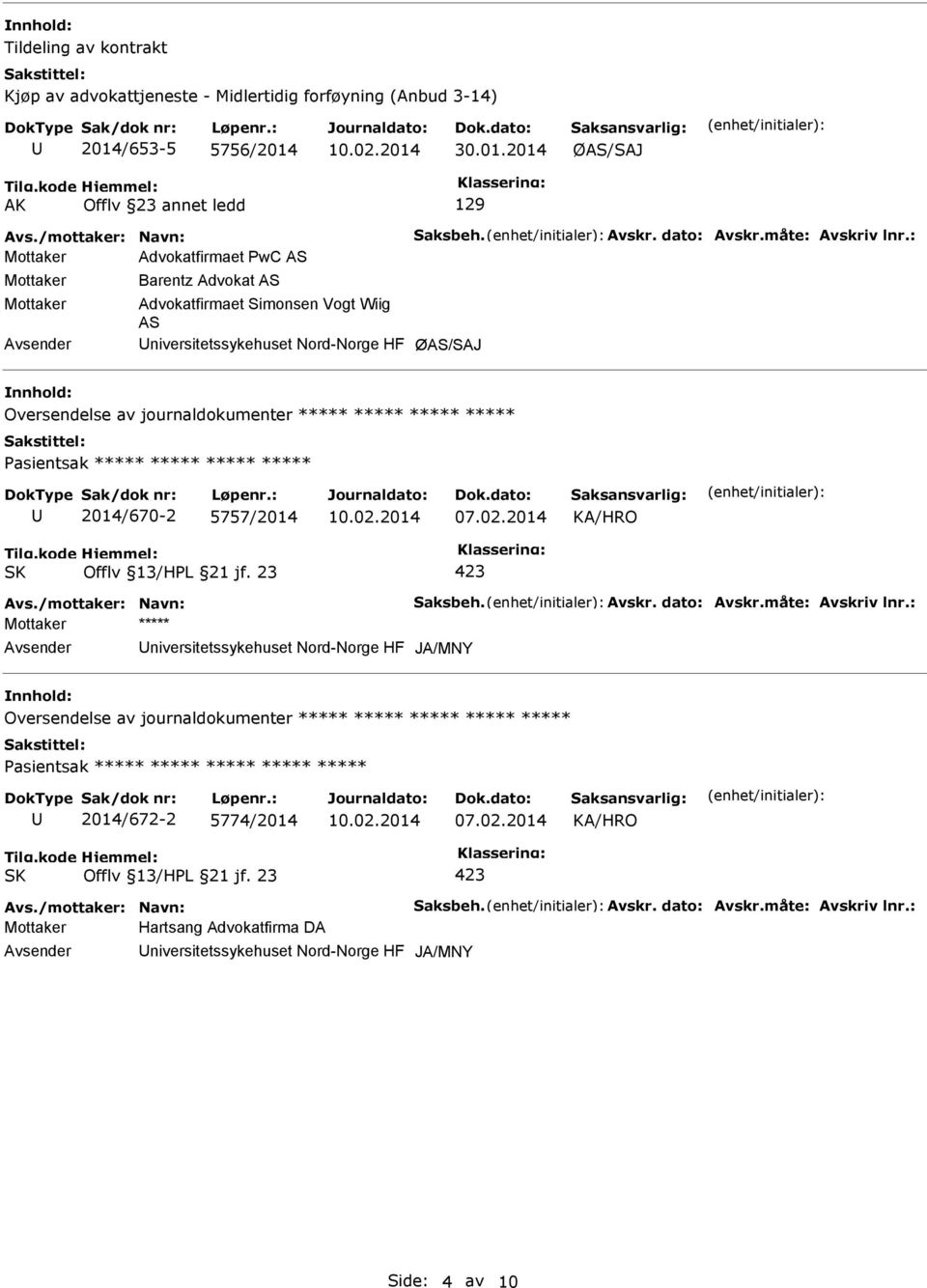 : Mottaker Advokatfirmaet PwC AS Mottaker Mottaker Barentz Advokat AS Advokatfirmaet Simonsen Vogt Wiig AS niversitetssykehuset Nord-Norge HF ØAS/SAJ Oversendelse av journaldokumenter ***** *****