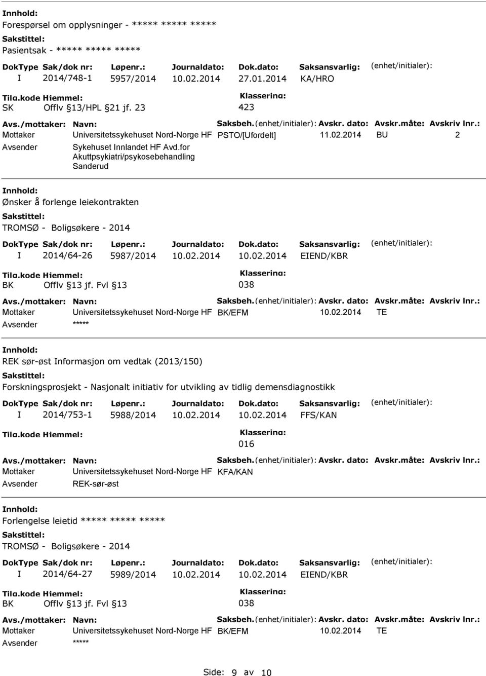 for Akuttpsykiatri/psykosebehandling Sanderud Ønsker å forlenge leiekontrakten TROMSØ - Boligsøkere - 2014 2014/64-26 5987/2014 EEND/KBR Avs./mottaker: Navn: Saksbeh. Avskr. dato: Avskr.