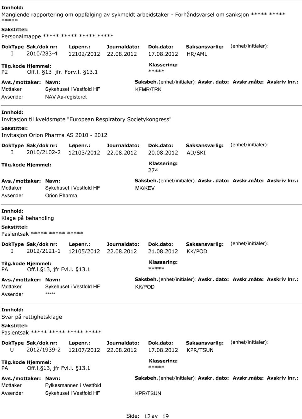 /mottaker: Navn: Saksbeh. Avskr. dato: Avskr.måte: Avskriv lnr.: MK/KEV Orion Pharma Klage på behandling Pasientsak 2012/2121-1 12105/2012 21.08.2012 KK/POD Avs./mottaker: Navn: Saksbeh. Avskr. dato: Avskr.måte: Avskriv lnr.: KK/POD Svar på rettighetsklage Pasientsak 2012/1939-2 12107/2012 KPR/TSN Avs.