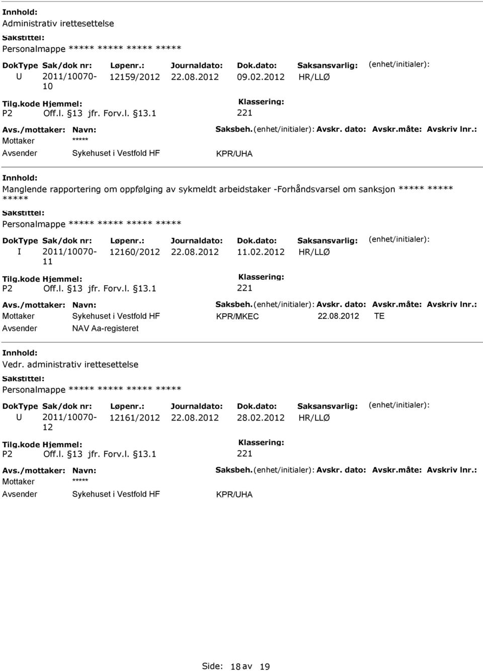 : Mottaker KPR/HA Manglende rapportering om oppfølging av sykmeldt arbeidstaker -Forhåndsvarsel om sanksjon Personalmappe Sak/dok nr: 2011/10070-11 Løpenr.