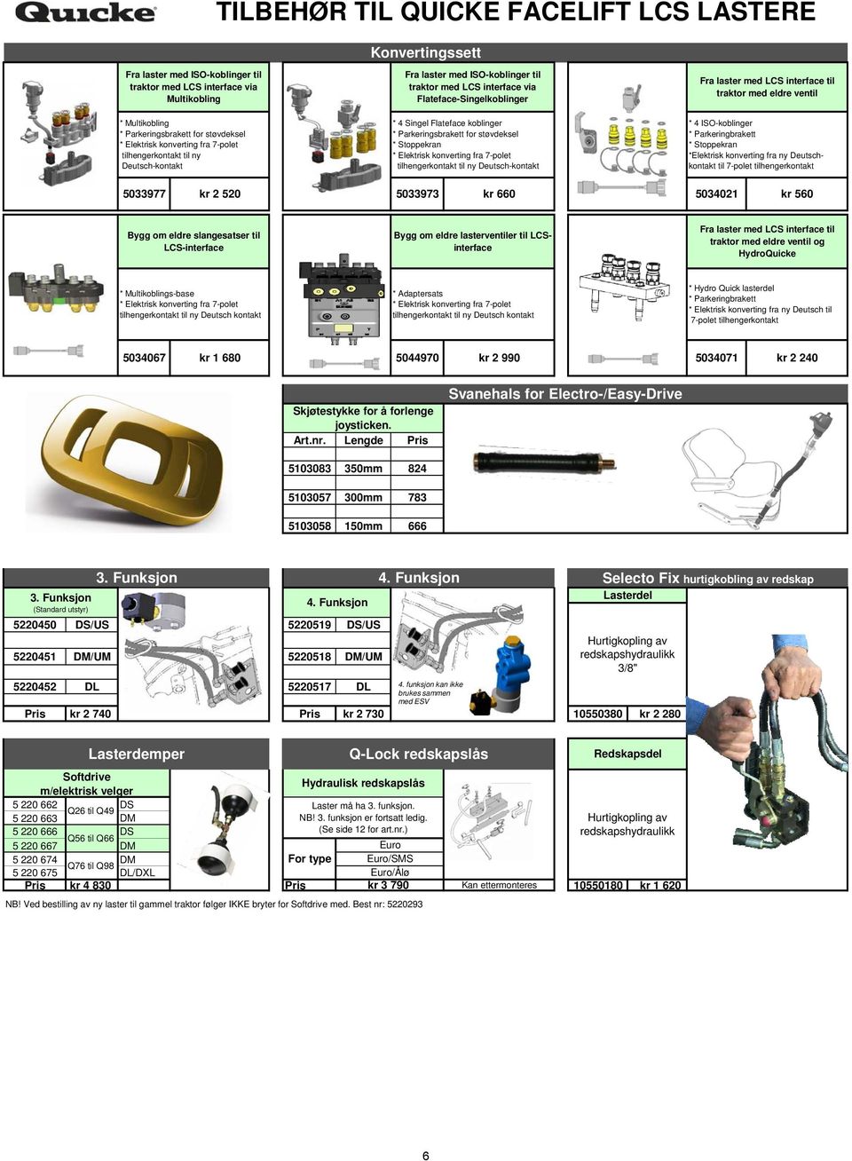 Parkeringsbrakett for støvdeksel * Stoppekran * Elektrisk konverting fra 7-polet tilhengerkontakt til ny Deutsch-kontakt Fra laster med LCS interface til traktor med eldre ventil * 4 ISO-koblinger *