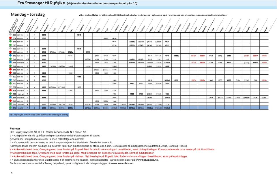 lengre enn annonsert i rutetabellene. Hurtigbåtruter fra Mandag - Torsdag, ()= anløpes i motgående rute, A= anløpes hvis passasjerer til stedet, B = anløpes hvis bestilling kart og rutenr.