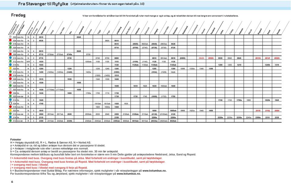 Hurtigbåtruter fra Fredag, ()= anløpes i motgående rute, A= anløpes hvis passasjerer til stedet, B = anløpes hvis bestilling linje Bokn/Byre Eidssund Helgøy Nord-Hidle Nesheim Nedstrand Vormestrand