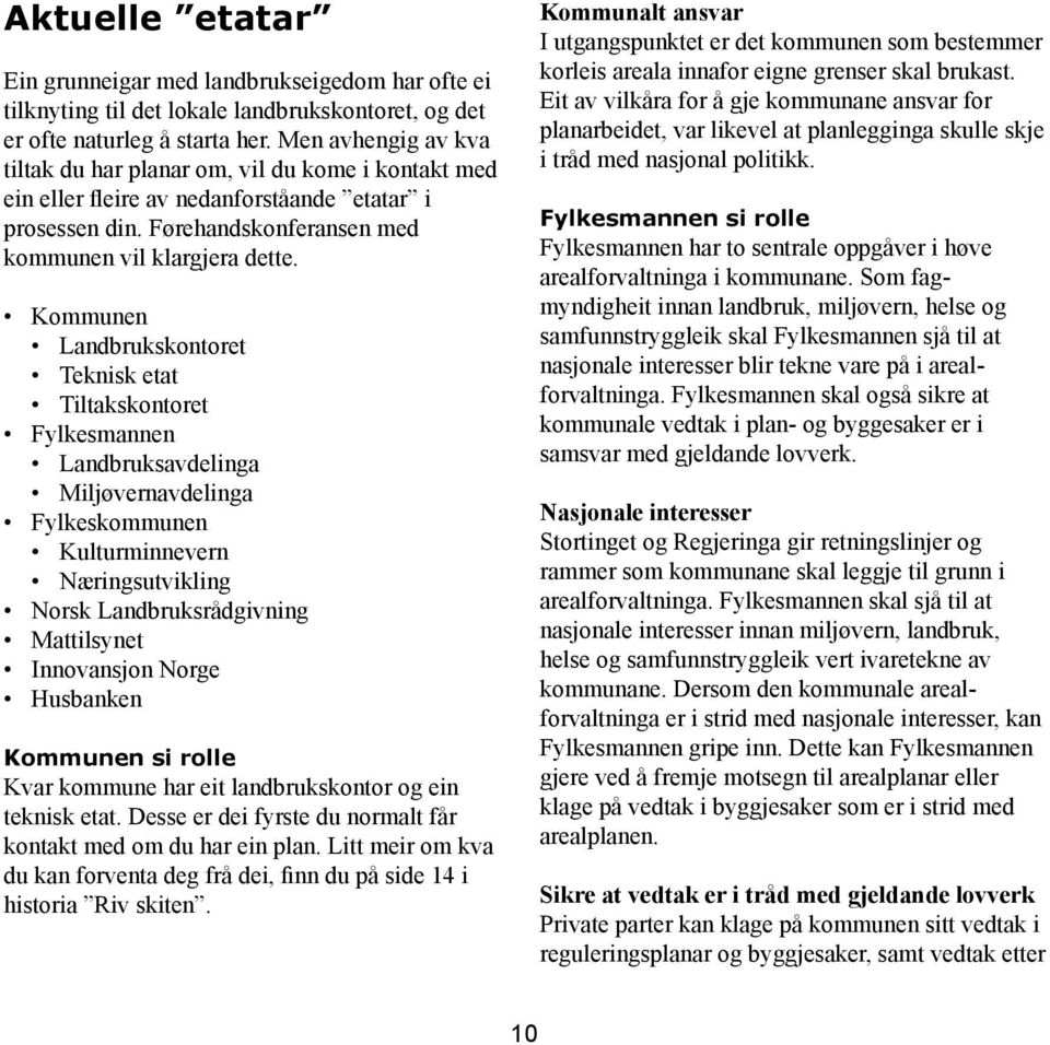 Kommunen Landbrukskontoret Teknisk etat Tiltakskontoret Fylkesmannen Landbruksavdelinga Miljøvernavdelinga Fylkeskommunen Kulturminnevern Næringsutvikling Norsk Landbruksrådgivning Mattilsynet