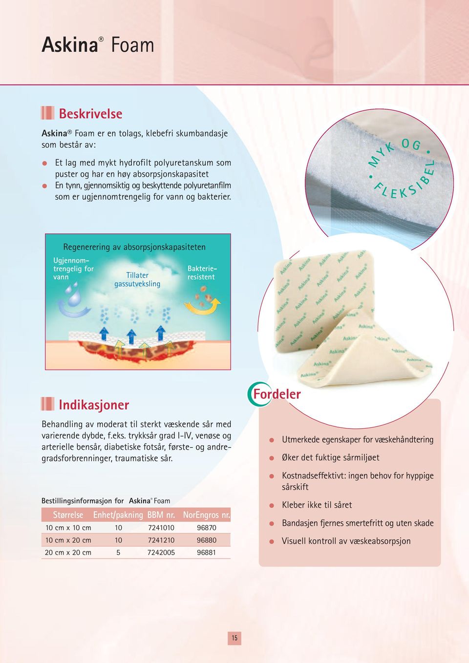 F M Y K L E O G K S I L E B Regenerering av absorpsjonskapasiteten Ugjennomtrengelig for vann Tillater gassutveksling Bakterieresistent Indikasjoner Behandling av moderat til sterkt væskende sår med