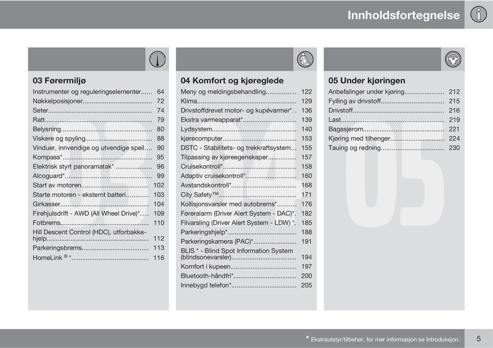 .. 153 Vinduer, innvendige og utvendige speil... 90 DSTC - Stabilitets- og trekkraftsystem... 155 Kompass*... 95 Tilpassing av kjøreegenskaper... 157 Elektrisk styrt panoramatak*... 96 Cruisekontroll*.