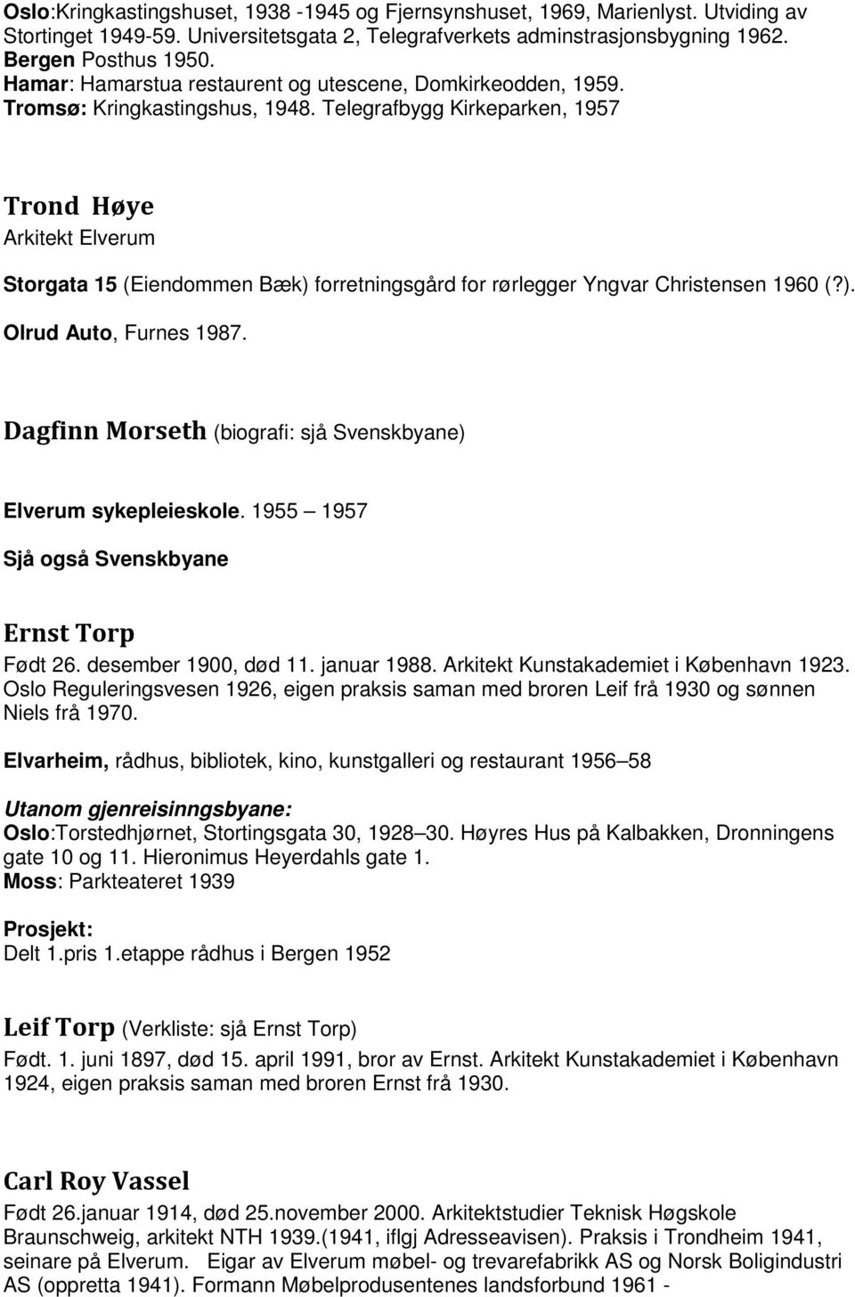 Telegrafbygg Kirkeparken, 1957 Trond Høye Arkitekt Elverum Storgata 15 (Eiendommen Bæk) forretningsgård for rørlegger Yngvar Christensen 1960 (?). Olrud Auto, Furnes 1987.