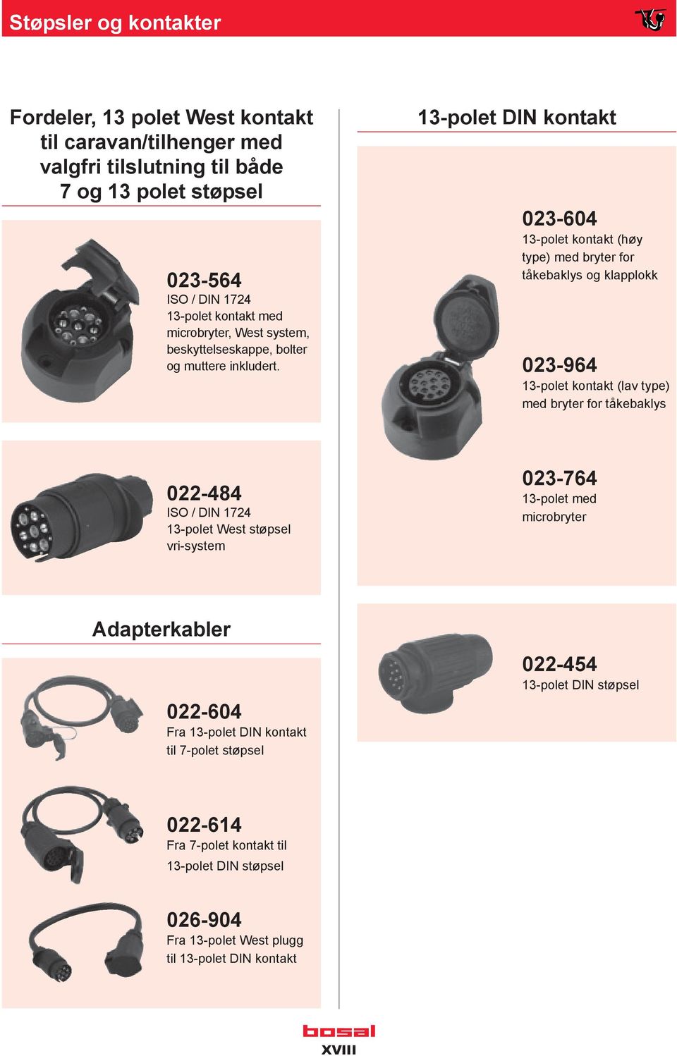 13-polet DIN kontakt 023-604 13-polet kontakt (høy type) med bryter for tåkebaklys og klapplokk 023-964 13-polet kontakt (lav type) med bryter for tåkebaklys 022-484 ISO / DIN