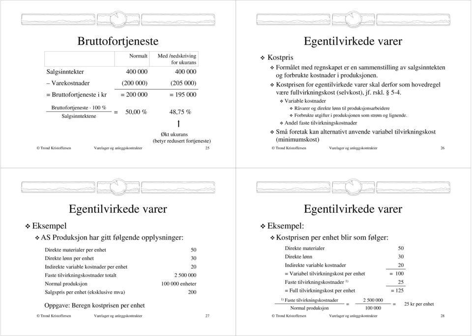 kostnader i produksjonen. Kostprisen for egentilvirkede varer skal derfor som hovedregel være fullvirkningskost (selvkost), jf. rskl. 5-4.