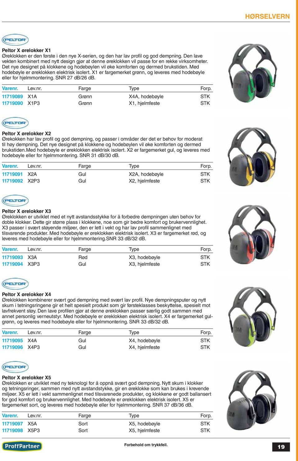 Med hodebøyle er øreklokken elektrisk isolert. X1 er fargemerket grønn, og leveres med hodebøyle eller for hjelmmontering. SNR 27 db/26 db. Varenr. Lev.nr. Farge Type Forp.