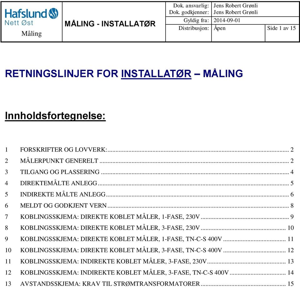 .. 2 3 TILGANG OG PLASSERING... 4 4 DIREKTEMÅLTE ANLEGG... 5 5 INDIREKTE MÅLTE ANLEGG... 6 6 MELDT OG GODKJENT VERN... 8 7 KOBLINGSSKJEMA: DIREKTE KOBLET MÅLER, 1-FASE, 230V.