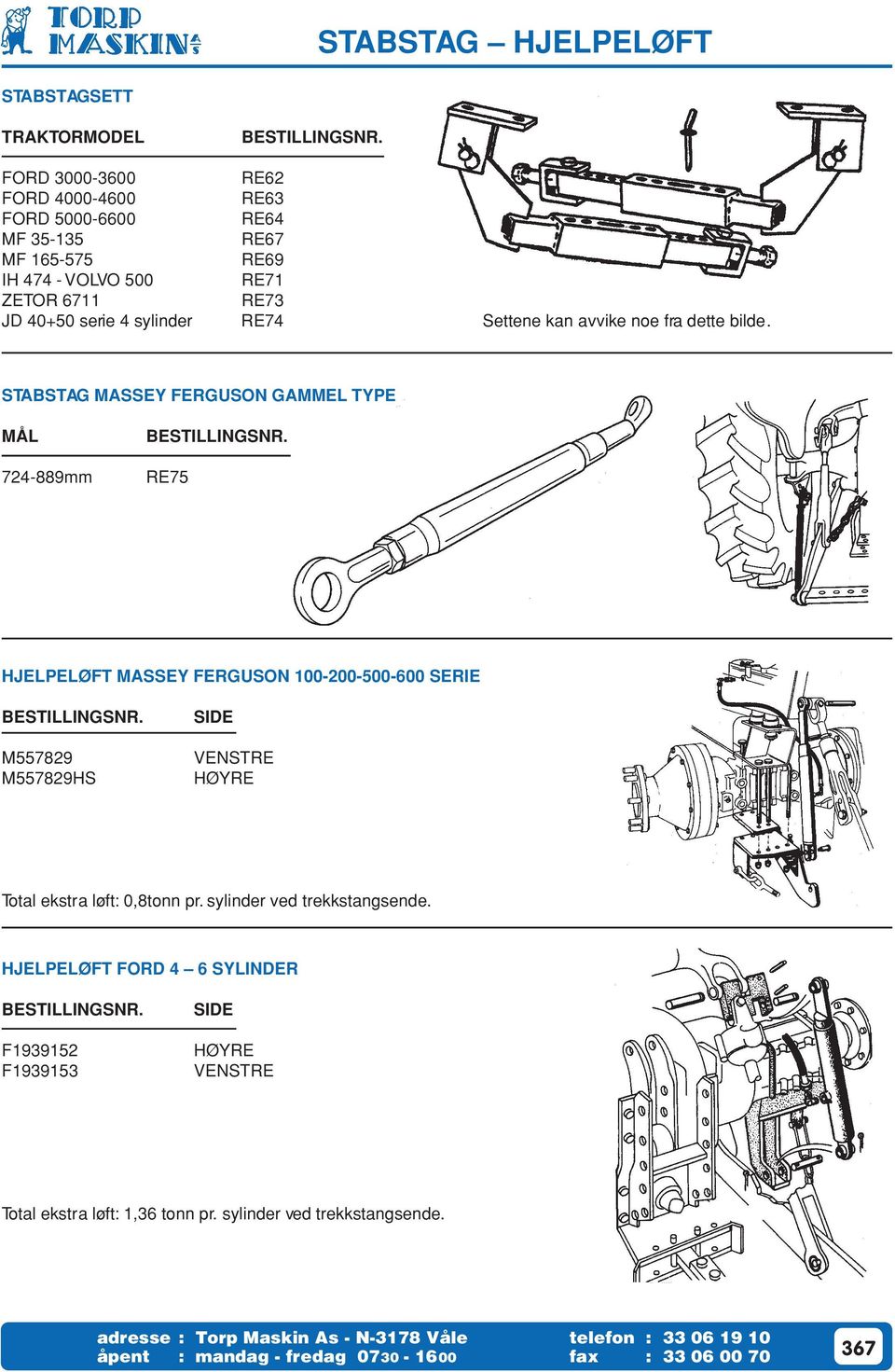 STABSTAG MASSEY FERGUSON GAMMEL TYPE MÅL 724-889mm RE75 HJELPELØFT MASSEY FERGUSON 100-200-500-600 SERIE M557829 M557829HS SIDE VENSTRE HØYRE Total ekstra løft: 0,8tonn pr.